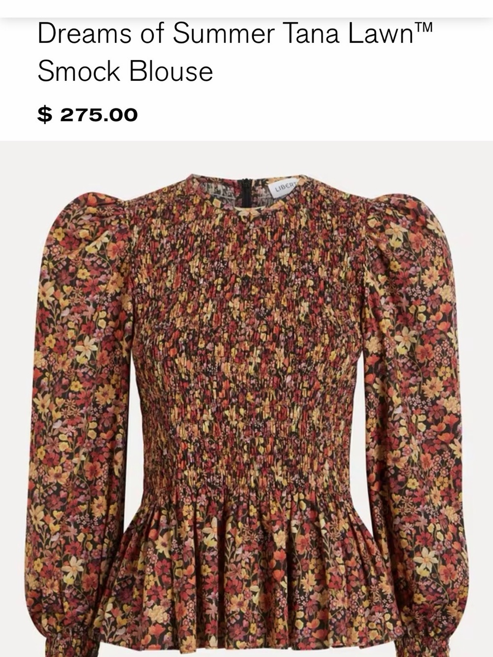 Liberty dreams of summer Tana Lawn smocked floral blouse size S.luxury,elevated